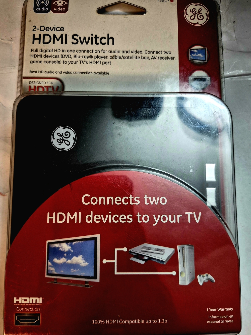 GE 2-Device HDMI Switch Black & Red NWT